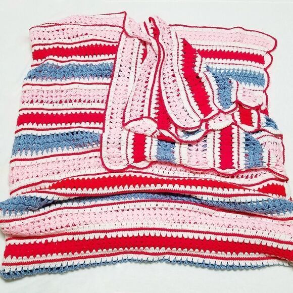 VINTAGE 1970s King Size Pastel Blue Pink Crochet Striped Afghan Comforter - Picture 1 of 7
